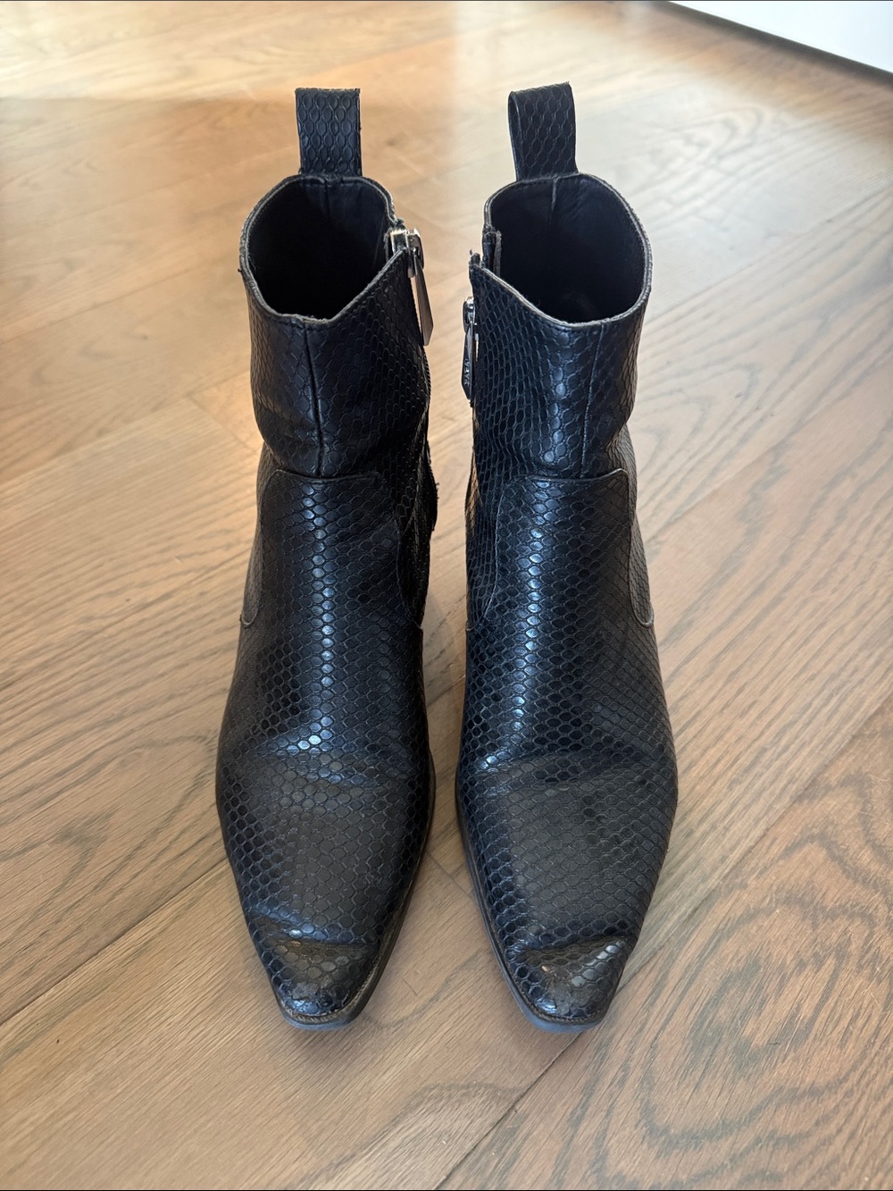 Zara Black Snake-Embossed Pointed Ankle Booties